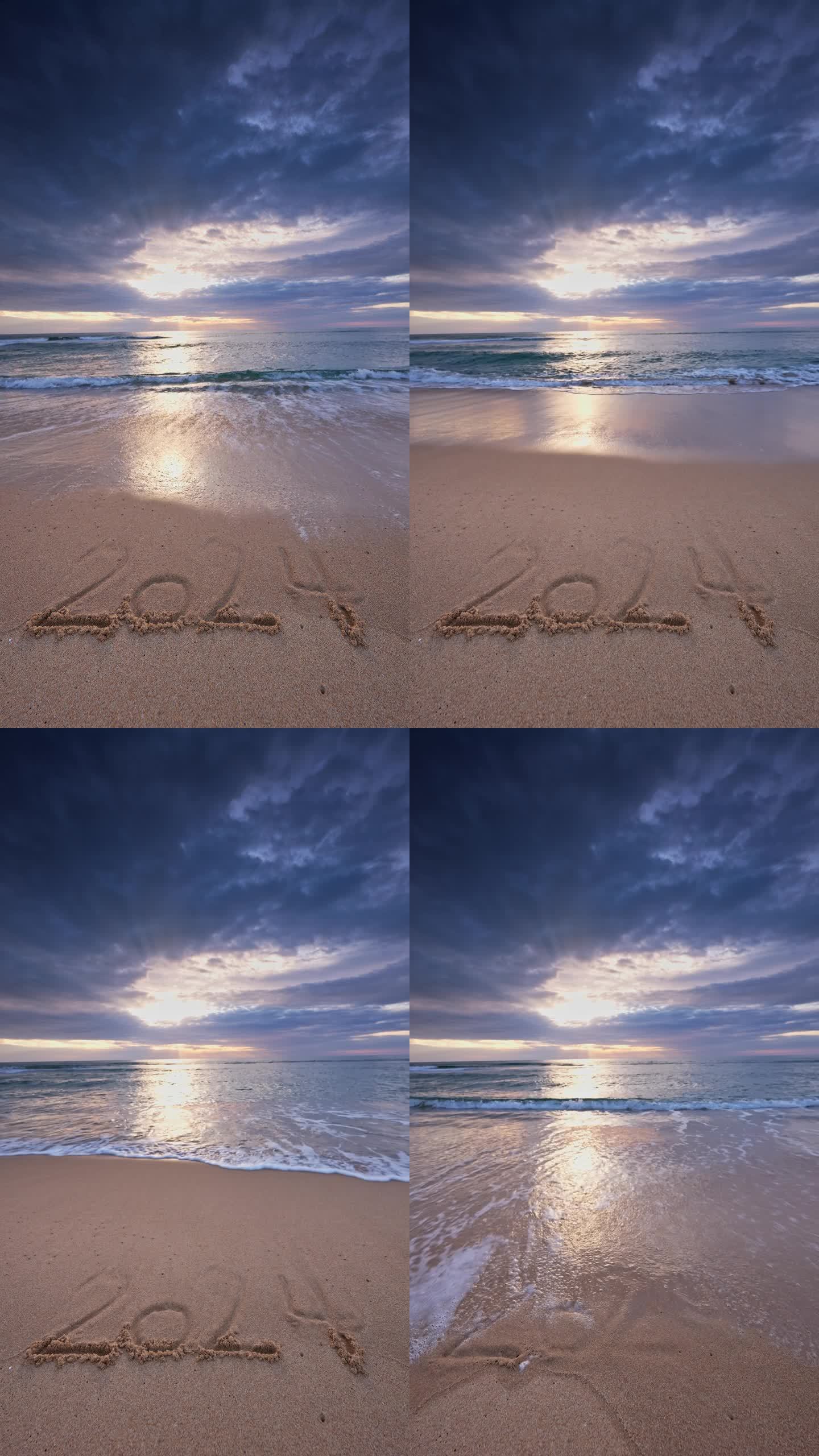 2024年新年文字上的海沙和美丽的沙滩日出垂直视频