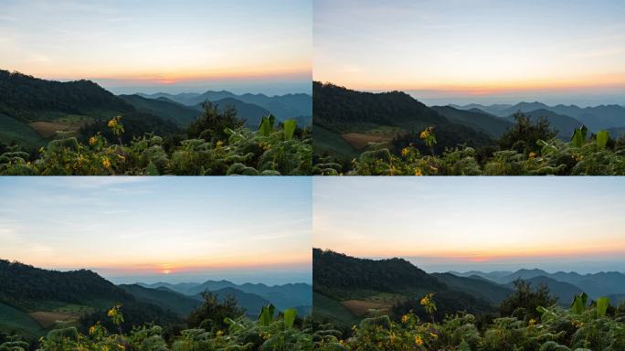 夕阳在剪影山的时间流逝镜头