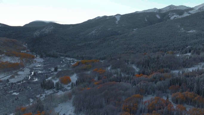 霜脆冷冻冻的早晨遮阴的科伯勒山口科罗拉多州航拍电影无人机秋天冬天碰撞第一白雪红黄橙白杨树森林向前遮阴