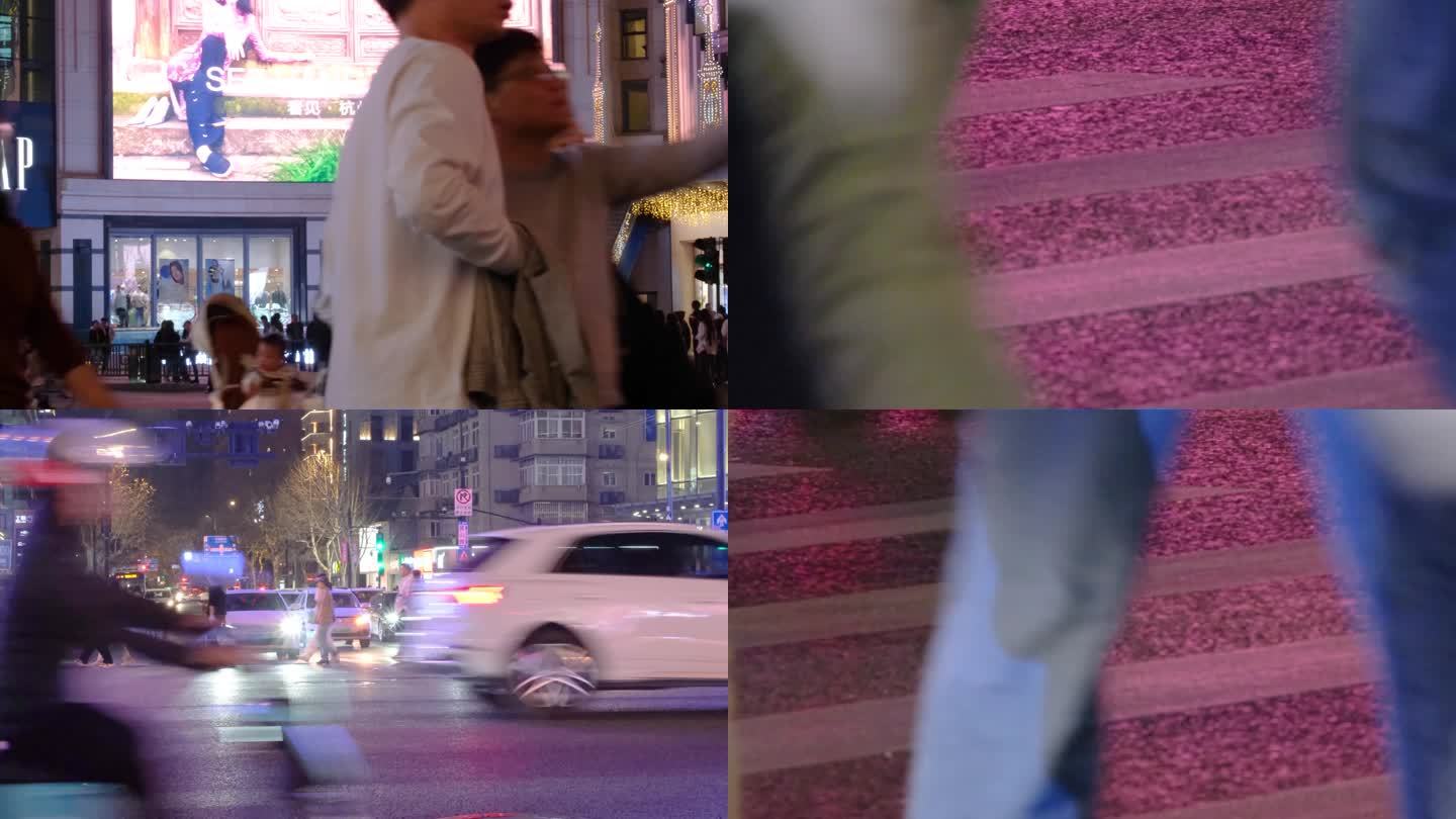 夜晚城市行人过马路人流脚步人物生活视频素