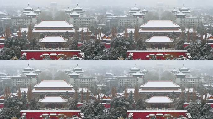 北京冬季景山公园下雪天古建筑风光