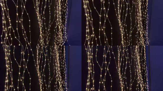 深蓝色背景上的光链酷似夜晚的星空。圣诞灯饰，树枝，圆，桦树皮，白色，