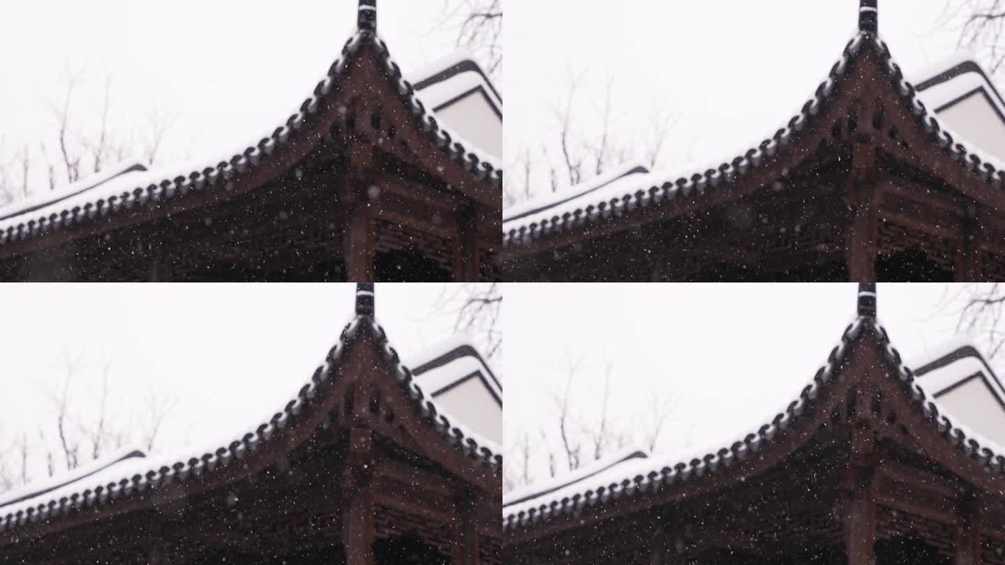 中式园林冬天下雪风景