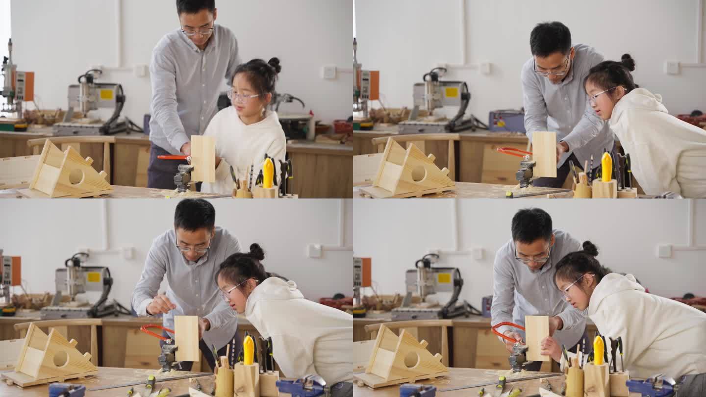 爸爸指导女儿动手实践做木工手工DIY设计