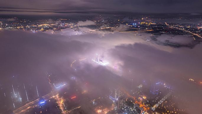 4K杭州临平区云海夜景大气航拍延时