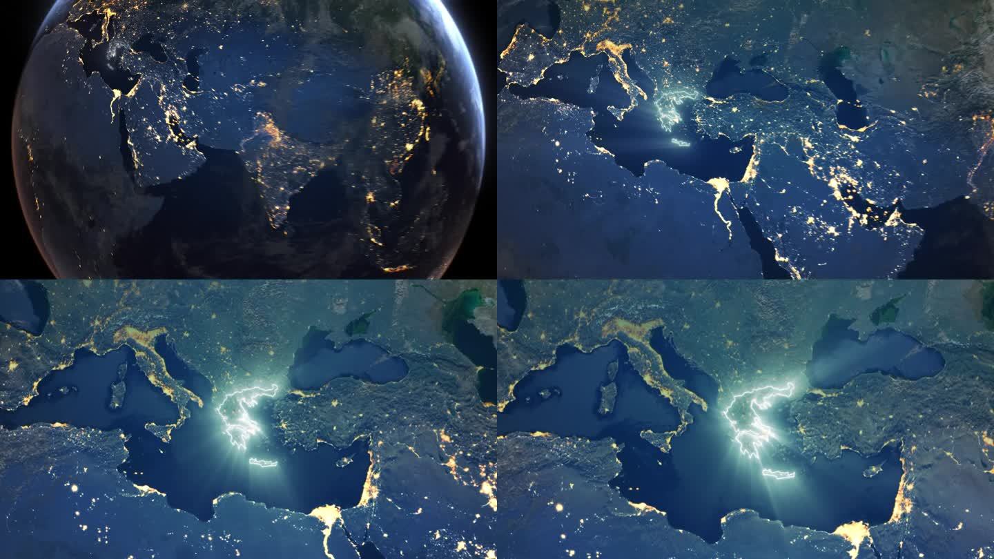 现实的地球夜间轨道和缩放发光边界希腊