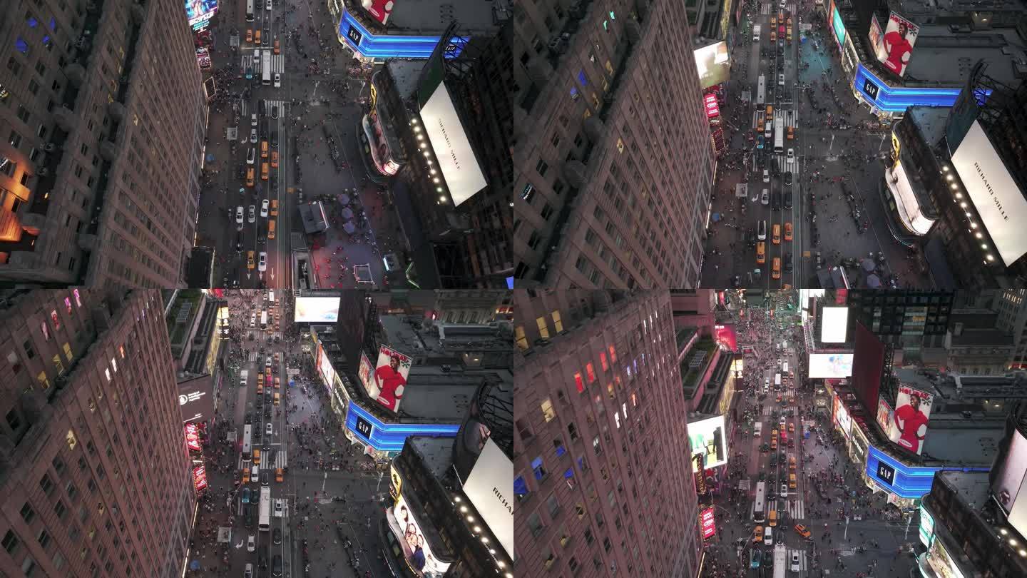 航拍纽约时代广场汽车城市街道摩天大楼行人