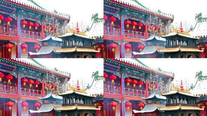 北京冬季下雪天烧香祈福庙宇风光