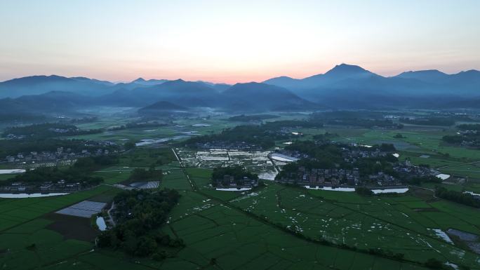 中国侨乡广东台山乡村稻田山脉山峰日出航拍