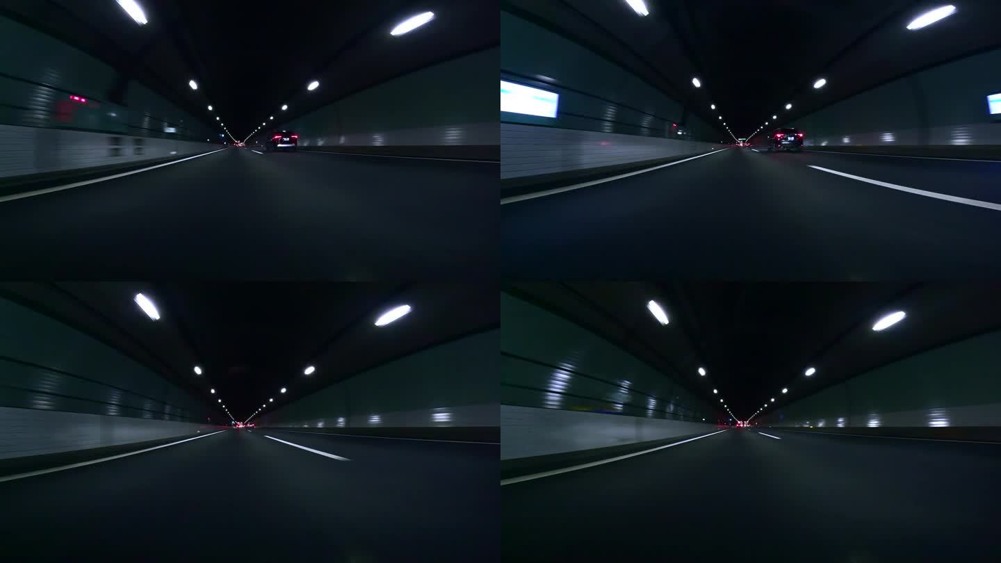 半夜开车穿过高速公路隧道