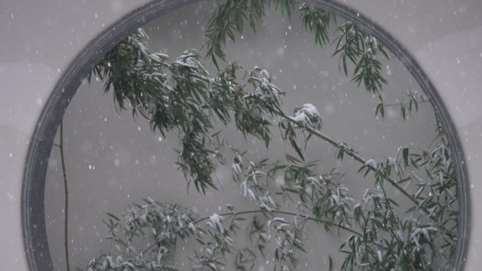 中式园林冬天下雪风景