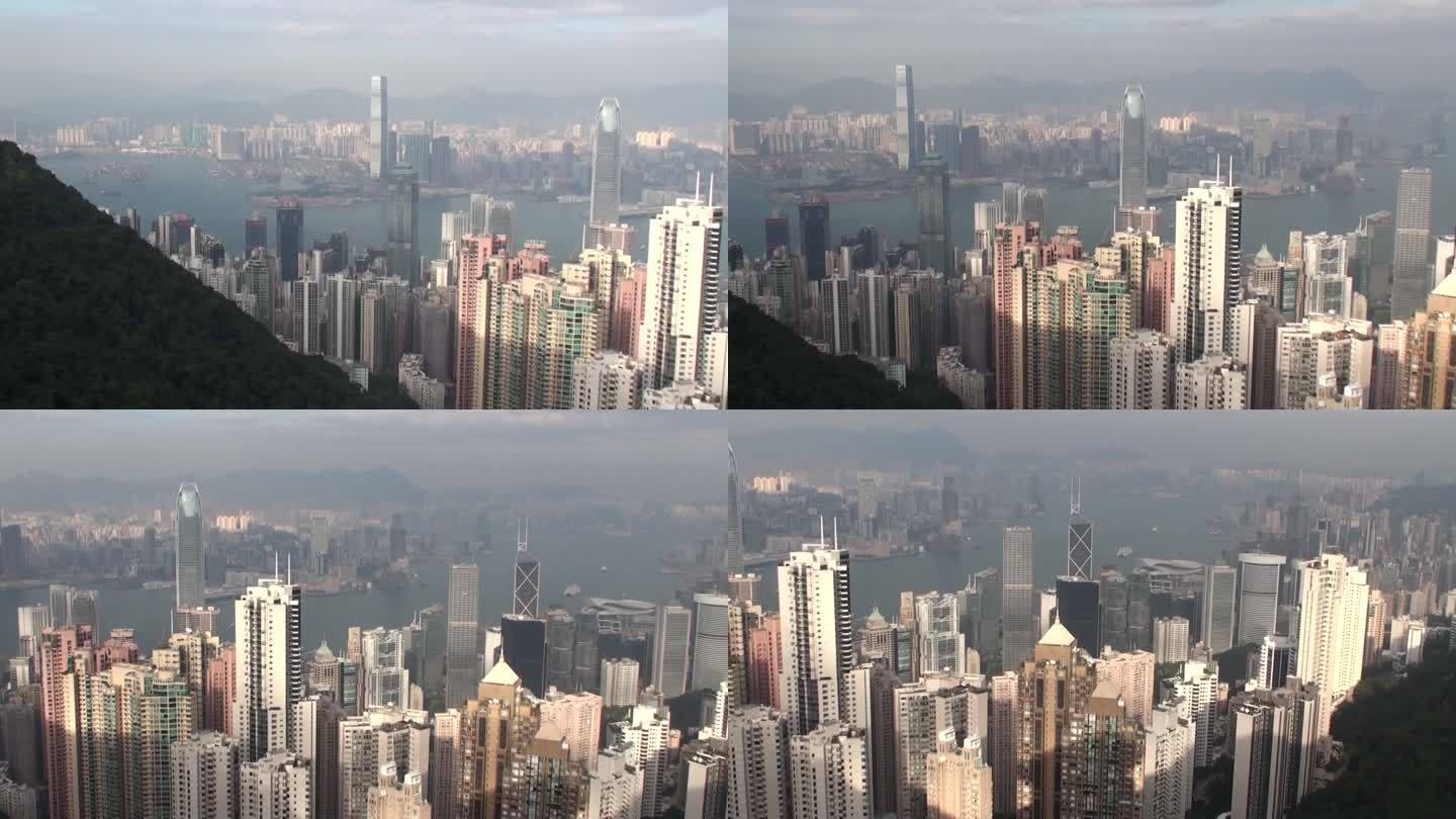 香港天际线，全高清视频，平移，太平山顶，维多利亚港，中国，东亚，雾天气，高视角，南中国海