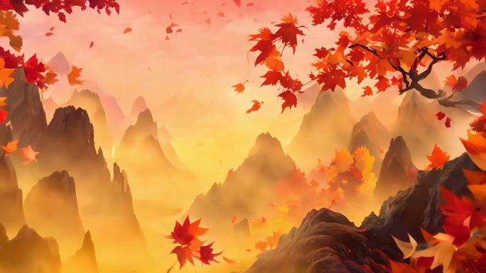 秋日红叶山脉喀斯特地貌的写意诗画动画