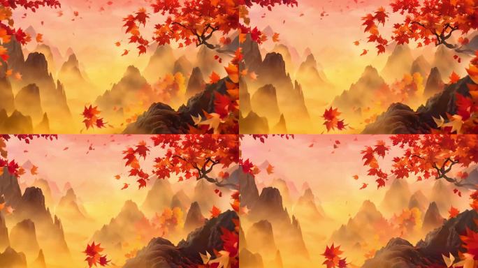 秋日红叶山脉喀斯特地貌的写意诗画动画