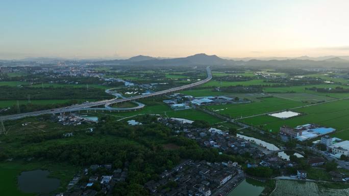 中国侨乡广东台山乡村稻田山脉山峰日出航拍