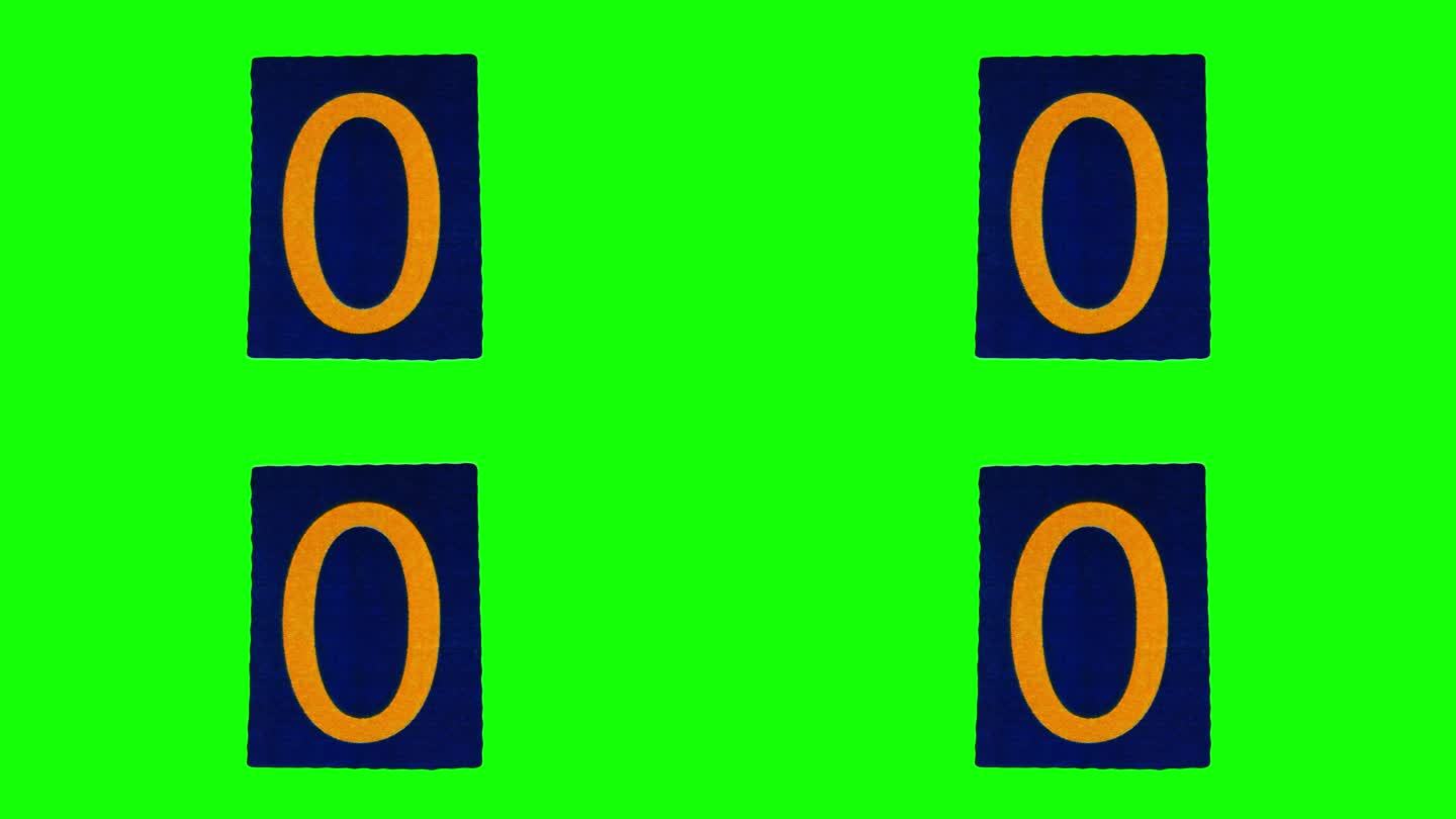 深蓝色纸张上的数字零在绿色屏幕上以定格动作折叠和展开