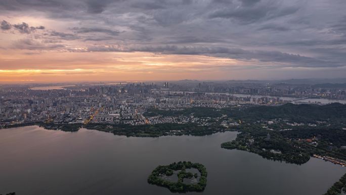 杭州西湖城市全景日出航拍延时