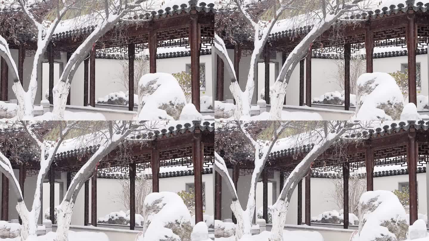 中式庭院雪景下雪