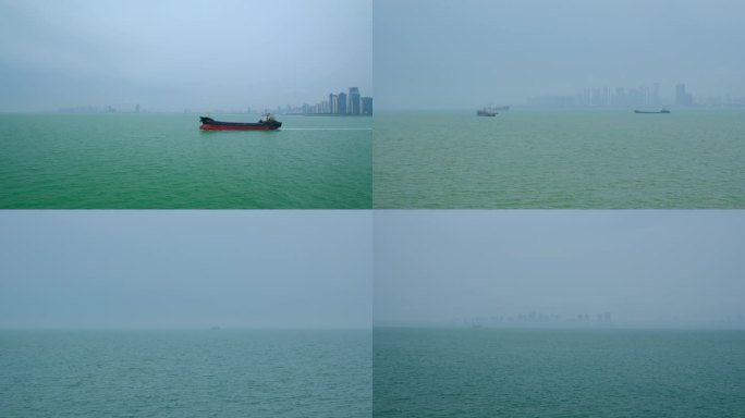 海上大雾海面上航行中的轮船