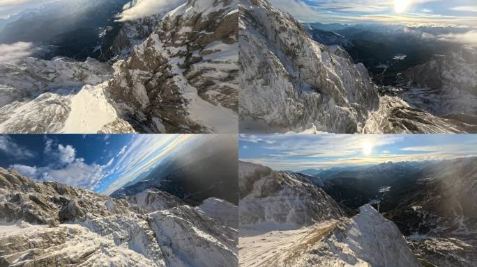 FPV航拍雪山雪景森林日出小屋高山滑雪场