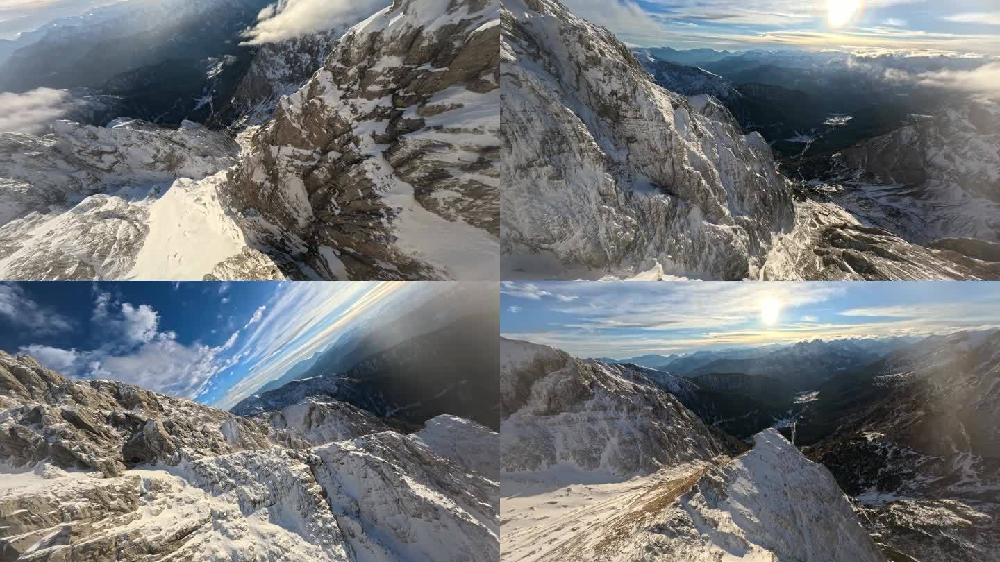 FPV航拍雪山雪景森林日出小屋高山滑雪场