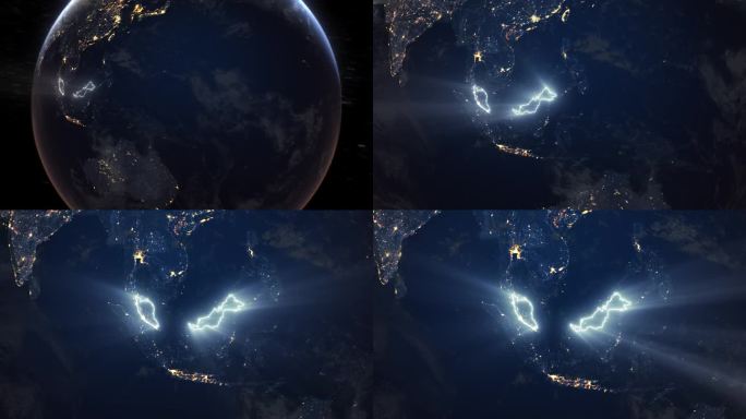 现实的地球夜间轨道和缩放发光边界马来西亚
