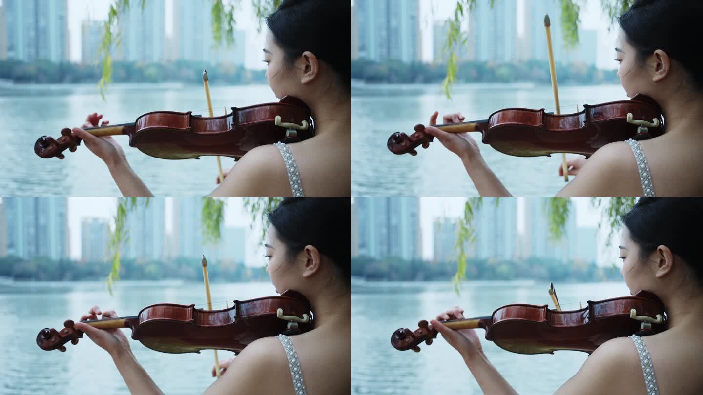 美女在森林里拉小提琴