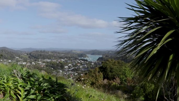 罗素半岛的海岸美景，郁郁葱葱的绿色灌木与蓝湾水域在Flagstaff Hill了望，岛屿湾，新西兰