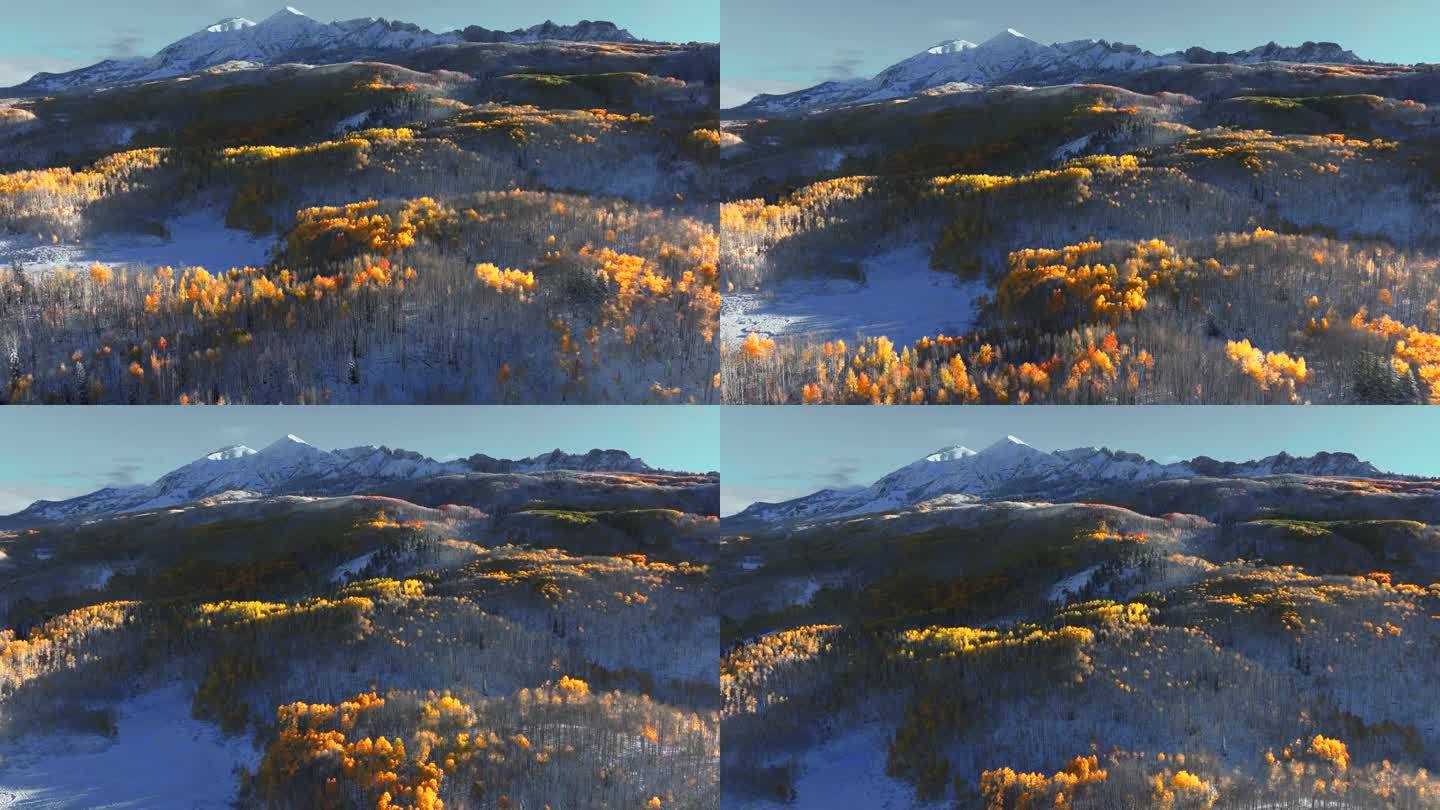 霜脆冷冻冻的早晨第一缕光Kebler Pass科罗拉多州空中电影无人机秋天冬天碰撞第一白色的雪红黄橙