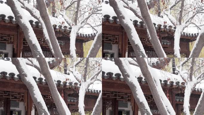 中式庭院雪景下雪