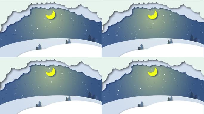 冬天的雪落在圣诞之夜的剪纸设计