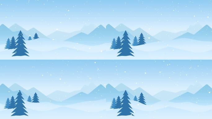 冬天的风景有雪堆和雪杉树。平面动画。季节性的自然背景。结霜的雪山。游戏美术概念。无缝循环:穿越卡通冬