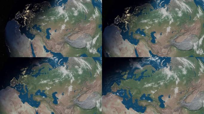 行星地球从空间欧盟国家突出蓝绿色辉光，县，城市灯光，动画3d插图