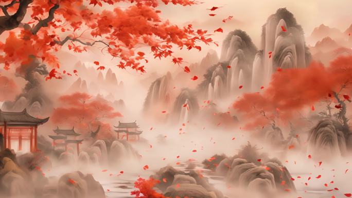 秋日红叶鱼中国国风建筑新中式山水动画