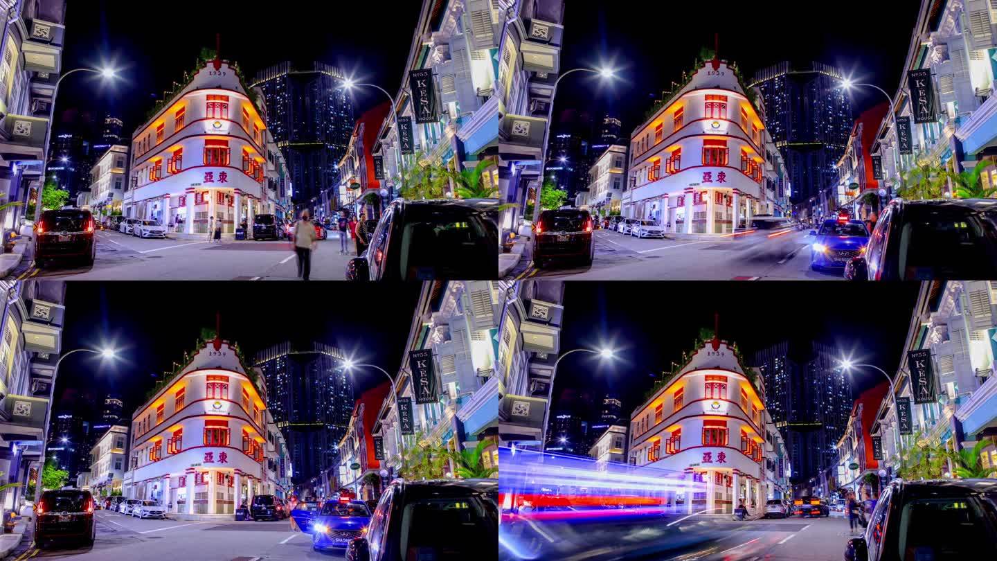 新加坡的街道路灯灯光光芒照亮人文景观