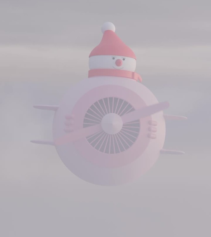 雪人在卡通飞机上飞行在云垂直循环动画