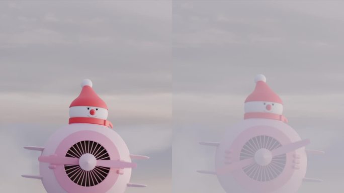 雪人在卡通飞机上飞行在云垂直循环动画