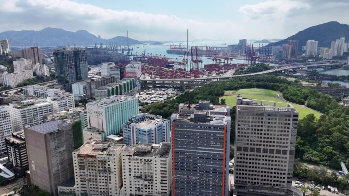 香港葵芳、葵青区及葵青货柜码头鸟瞰图