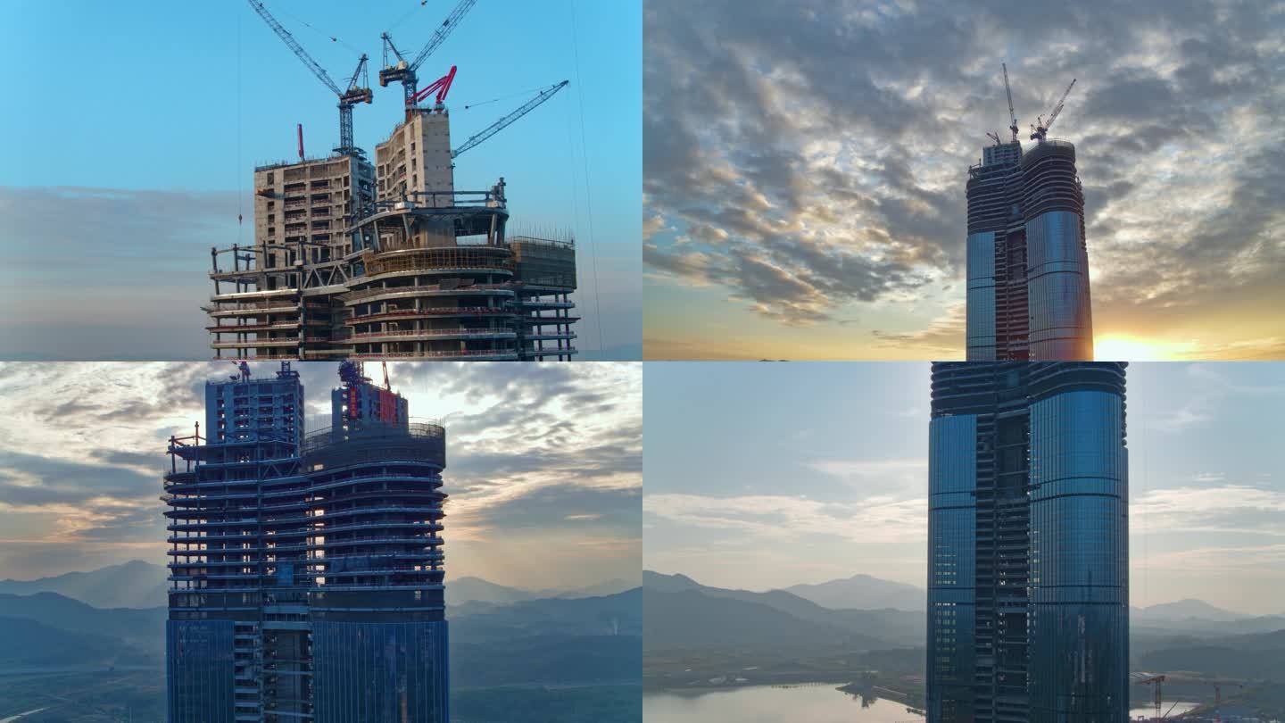 晨阳照射高层建筑施工建造美景4K