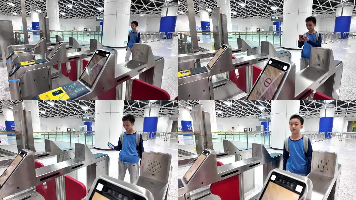 男孩在验票地铁站闸机视频素材手机扫码