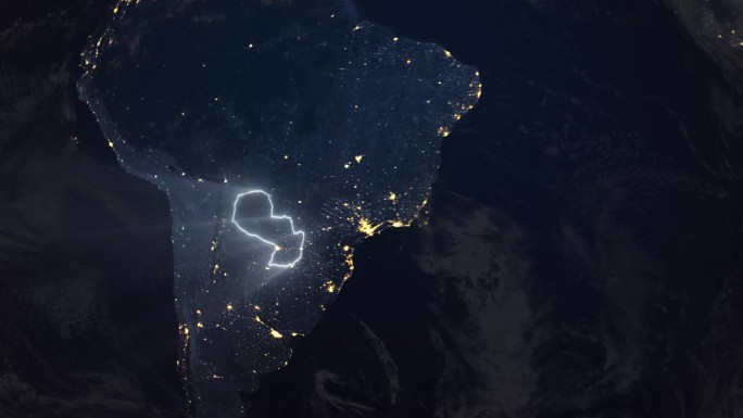 现实的地球夜间轨道和变焦发光边界巴拉圭