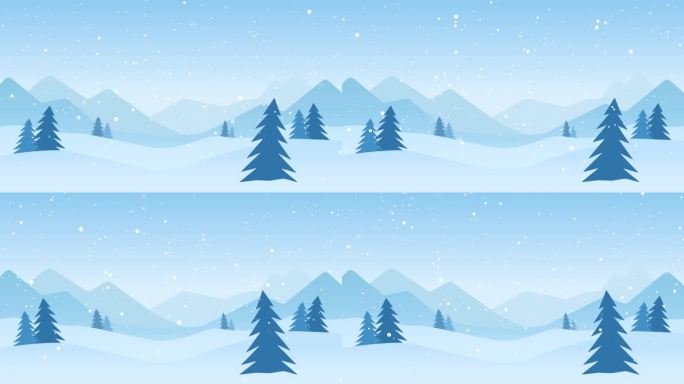 冬天的风景有雪堆和雪杉树。平面动画。季节性的自然背景。结霜的雪山。游戏美术概念。无缝循环:卡通冬季雪