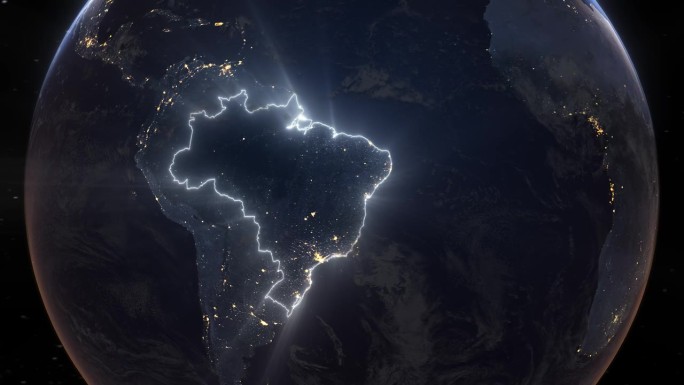 现实的地球夜间轨道和缩放发光边界巴西