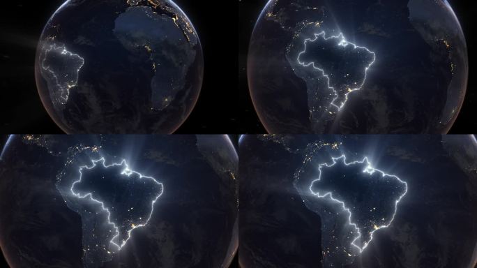 现实的地球夜间轨道和缩放发光边界巴西