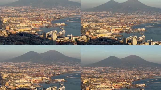 在黄金时段，熙熙攘攘的那不勒斯港口全景与维苏威火山隐约出现在背景中。