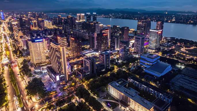 滨江区政府及周边写字楼夜景航拍延时