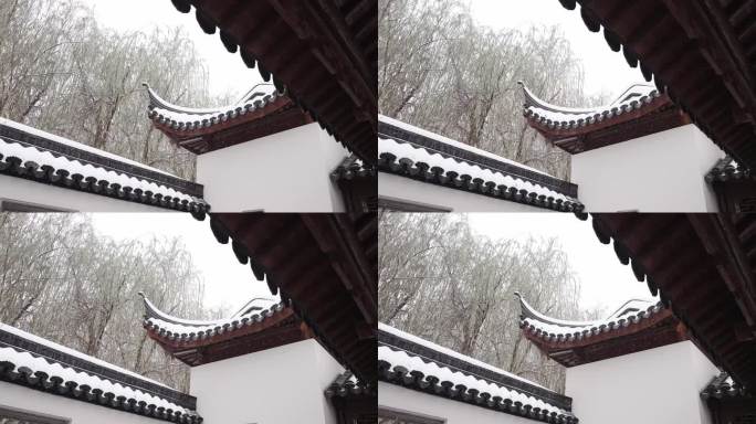 中式园林冬天下雪风景