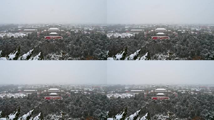 北京冬季景山公园下雪天古建筑风光