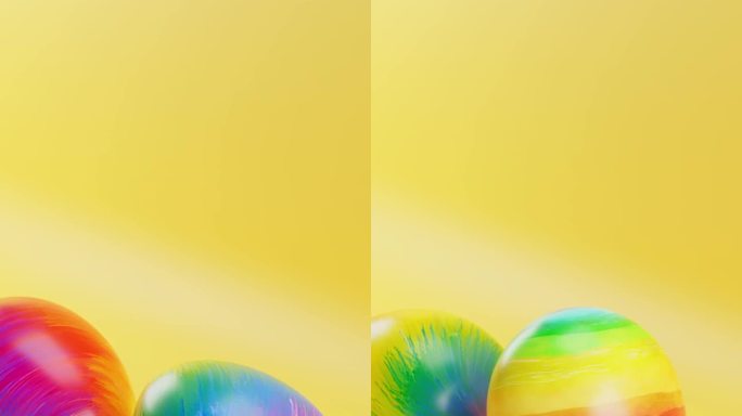 三个彩色的鸡蛋坐在黄色的表面上，黄色的背景。垂直循环动画