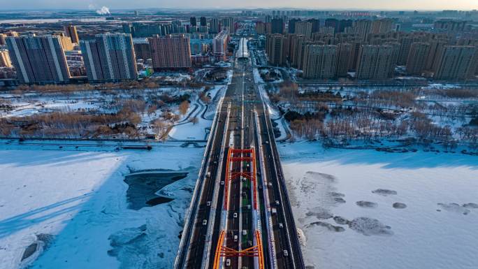 沈阳浑河长青桥黄昏冬天雪景直线延时